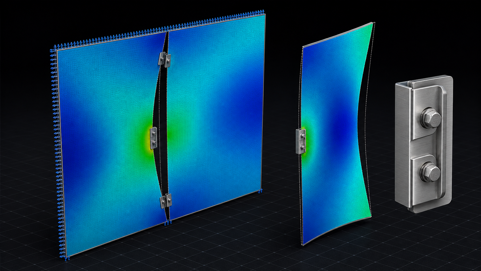 HD finite element visualization of two connected curtain-wall panel segments, including discrete edge clips, an exaggerated curved shell response, a dotted undeformed reference, and an enlarged two-bolt connection plate