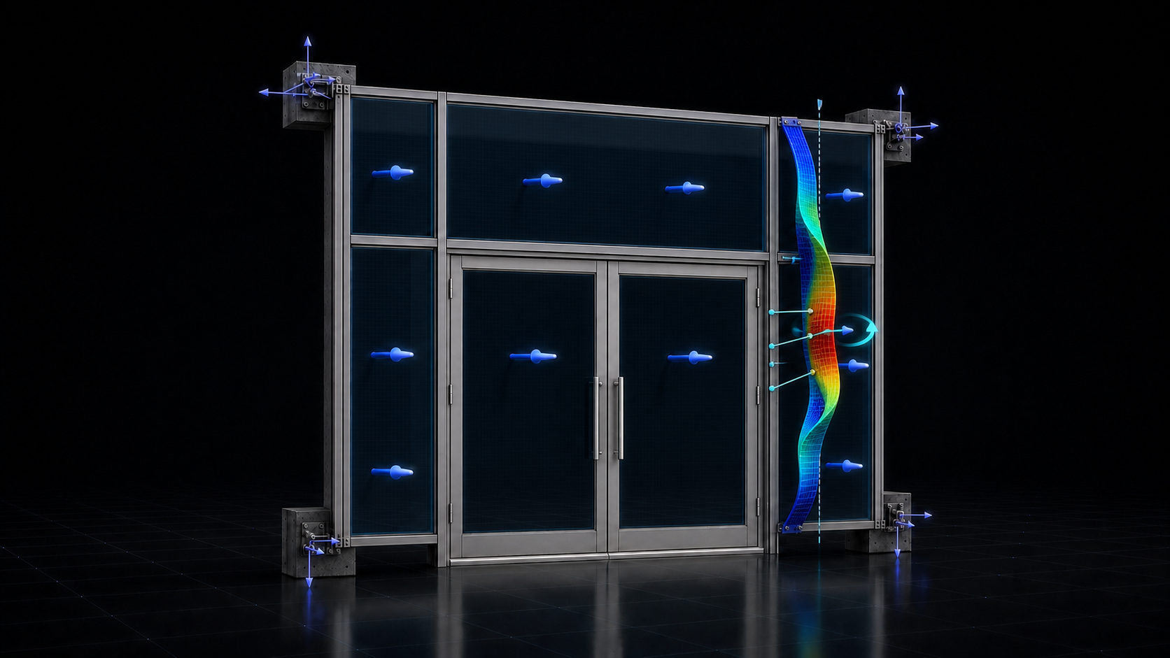 Hypothetical curtain-wall entrance with centered glazed double doors, transom lites, sidelites, eccentric door reaction, shear-center offset, and a color-mapped torsional and warping response on the right entrance jamb