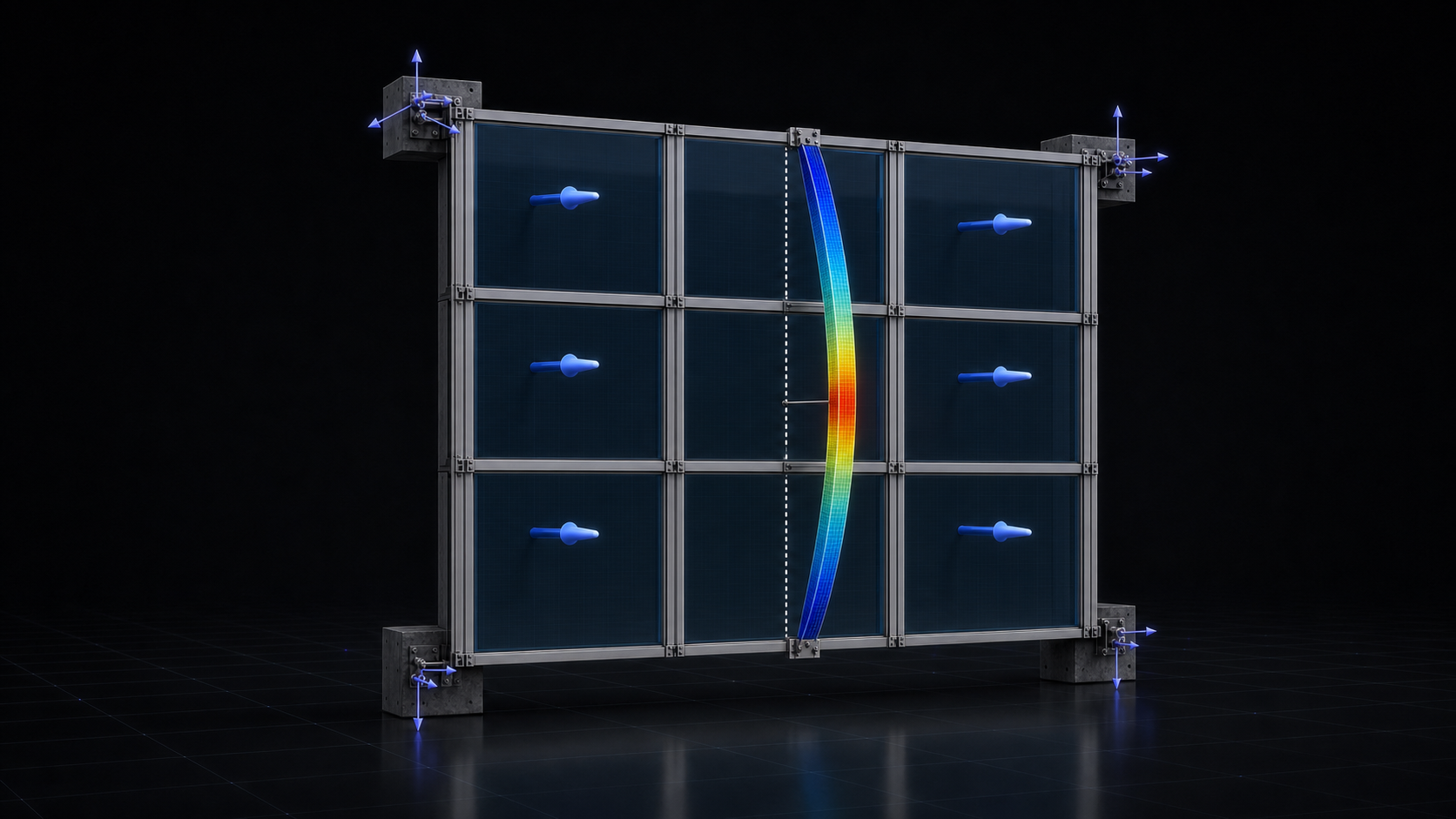 Hypothetical curtain-wall system with surface-normal wind pressure, an actual mullion profile, a dotted undeformed reference, and a color-mapped out-of-plane deflected shape