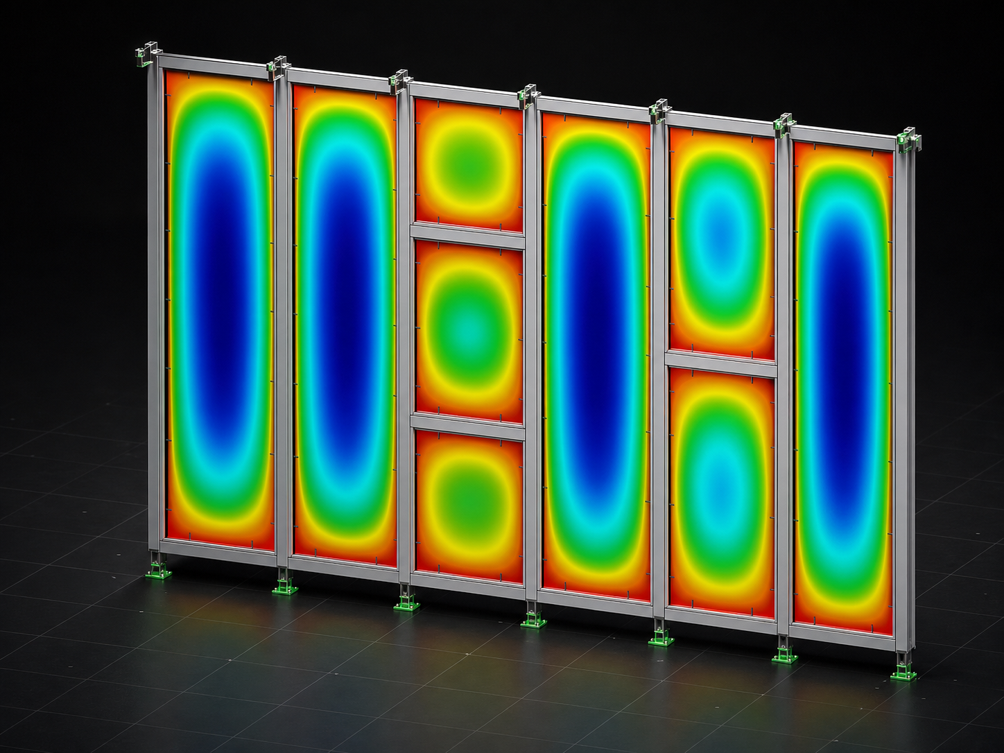 HD finite element visualization of a six-bay aluminum curtain wall with separate color-mapped plate stress contours on every glass lite and restrained supports at the mullion heads and sills